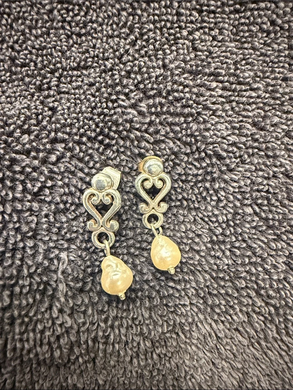 Brighton Silver Tone Heart Drop Earrings with Gold Pearl Accent